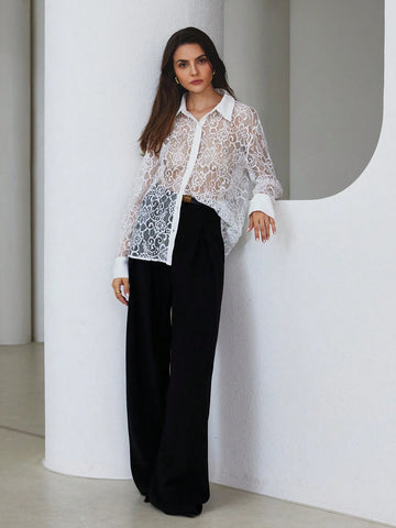 Modichic Simple Elegant Solid Color Lace Patchwork Long Sleeve Blouse For Women, Autumn