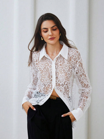 Modichic Simple Elegant Solid Color Lace Patchwork Long Sleeve Blouse For Women, Autumn