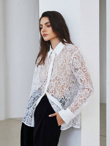 Modichic Simple Elegant Solid Color Lace Patchwork Long Sleeve Blouse For Women, Autumn