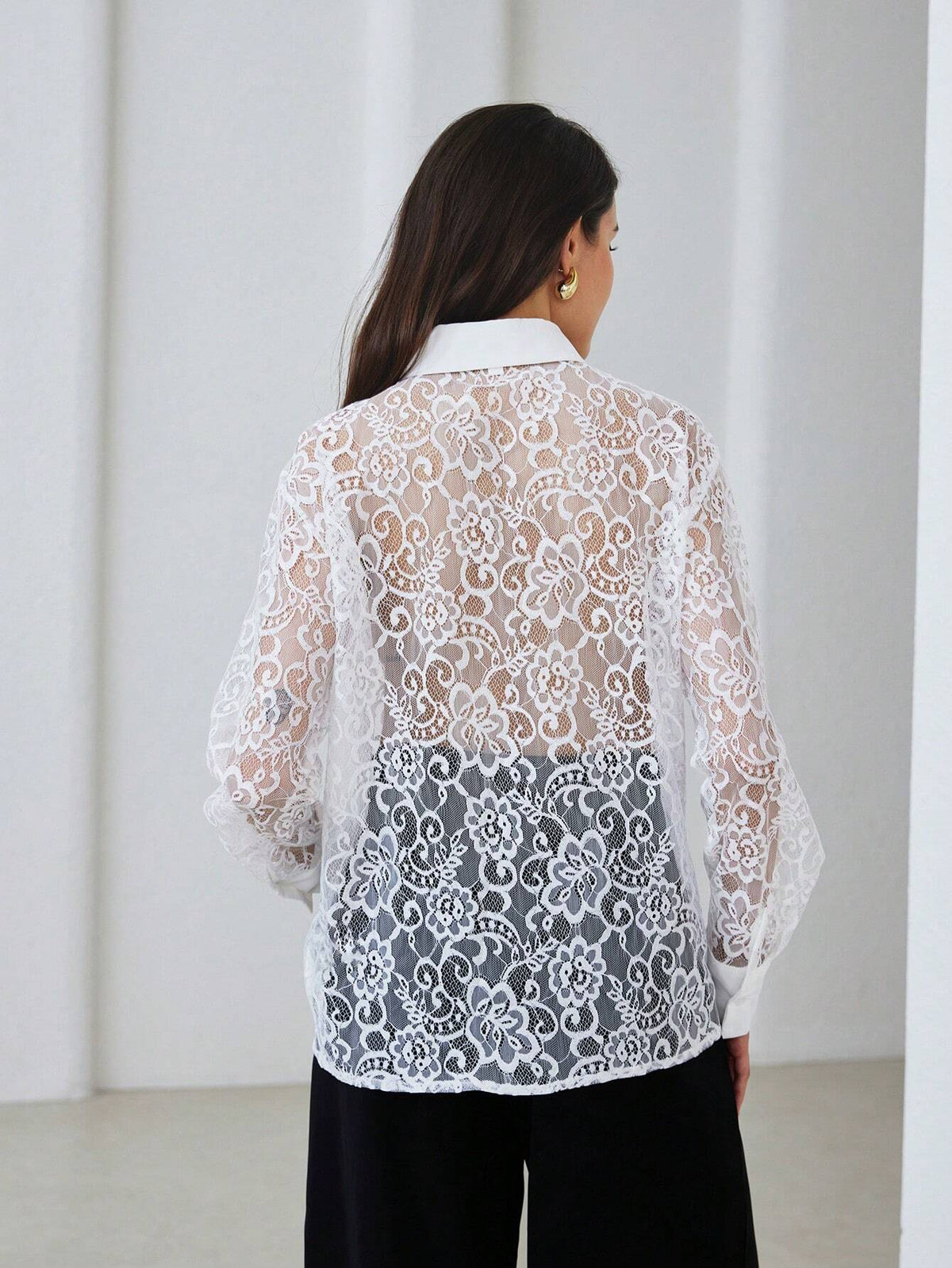 Modichic Simple Elegant Solid Color Lace Patchwork Long Sleeve Blouse For Women, Autumn