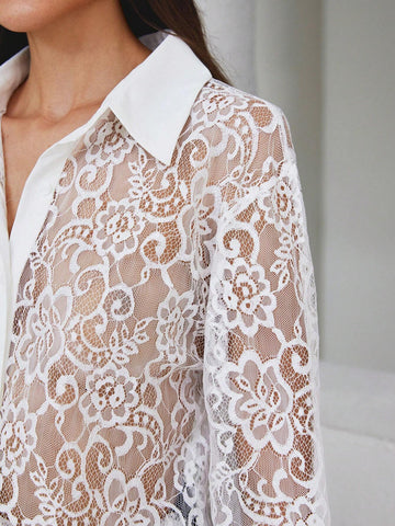 Modichic Simple Elegant Solid Color Lace Patchwork Long Sleeve Blouse For Women, Autumn