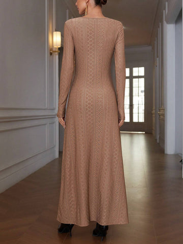 Solid Color Bodycon Waist Slimming Jacquard Elastic Waist Round Neck Knitted Long Dress,