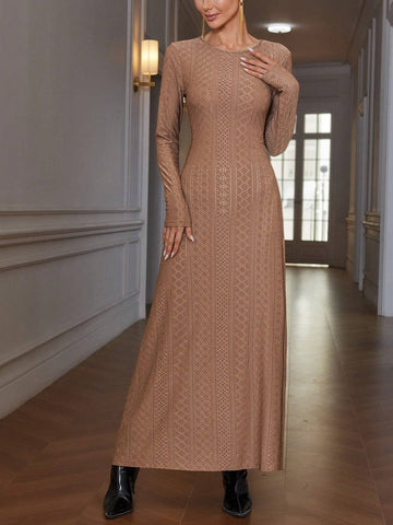 Solid Color Bodycon Waist Slimming Jacquard Elastic Waist Round Neck Knitted Long Dress,
