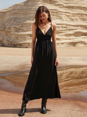 Modichic Vacation Casual Black Backless Slip Dress