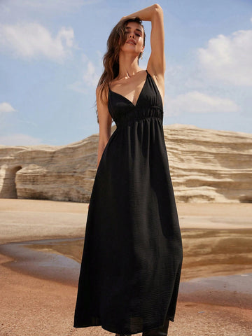 Modichic Vacation Casual Black Backless Slip Dress