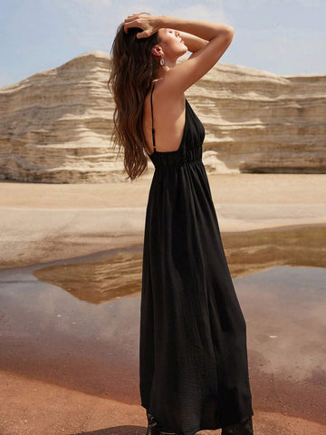 Modichic Vacation Casual Black Backless Slip Dress