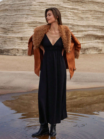 Modichic Vacation Casual Black Backless Slip Dress