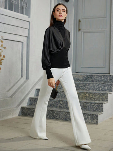 Modichic Vintage Asymmetric Contrast Panel High Collar Long Sleeve Blouse For Women