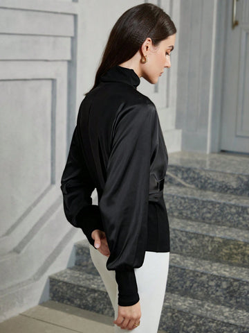 Modichic Vintage Asymmetric Contrast Panel High Collar Long Sleeve Blouse For Women