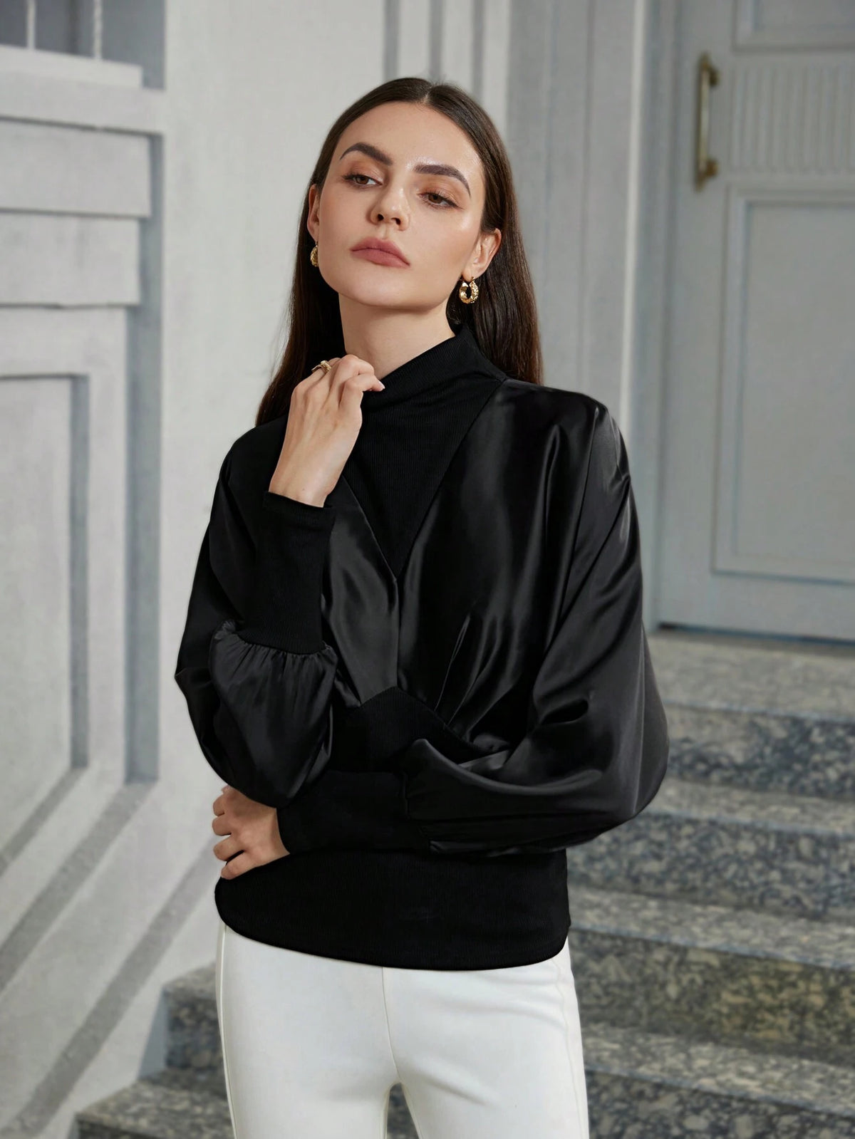 Modichic Vintage Asymmetric Contrast Panel High Collar Long Sleeve Blouse For Women