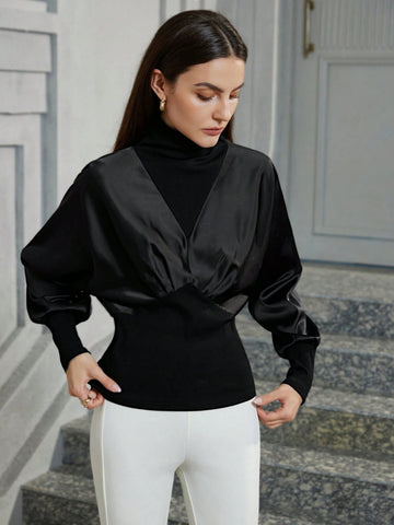 Modichic Vintage Asymmetric Contrast Panel High Collar Long Sleeve Blouse For Women