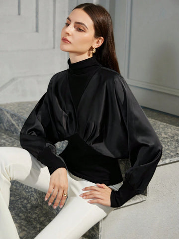 Modichic Vintage Asymmetric Contrast Panel High Collar Long Sleeve Blouse For Women