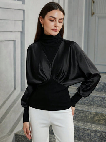 Modichic Vintage Asymmetric Contrast Panel High Collar Long Sleeve Blouse For Women
