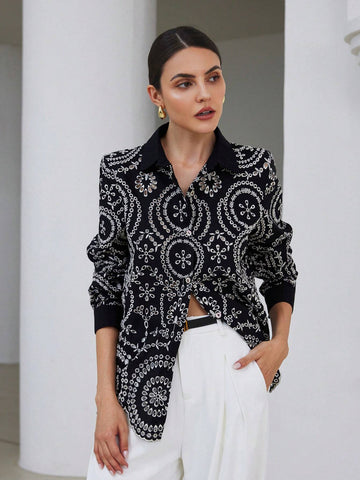 Modichic Vintage Embroidered Eyelet Button Down Long Sleeve Shirt, Spring Autumn