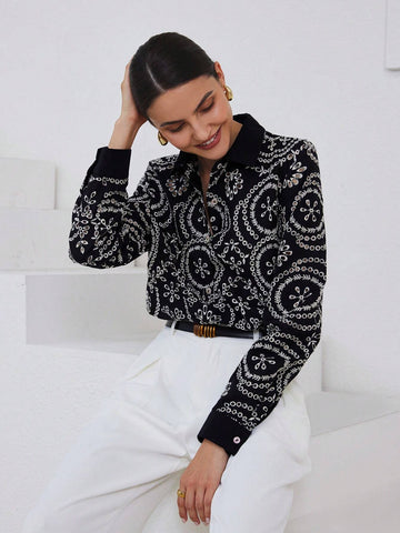 Modichic Vintage Embroidered Eyelet Button Down Long Sleeve Shirt, Spring Autumn