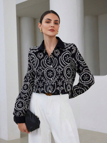 Modichic Vintage Embroidered Eyelet Button Down Long Sleeve Shirt, Spring Autumn