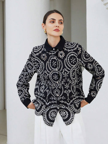Modichic Vintage Embroidered Eyelet Button Down Long Sleeve Shirt, Spring Autumn