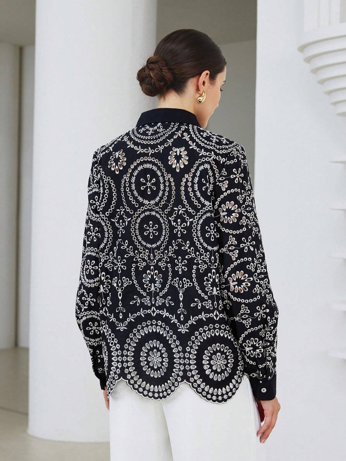 Modichic Vintage Embroidered Eyelet Button Down Long Sleeve Shirt, Spring Autumn
