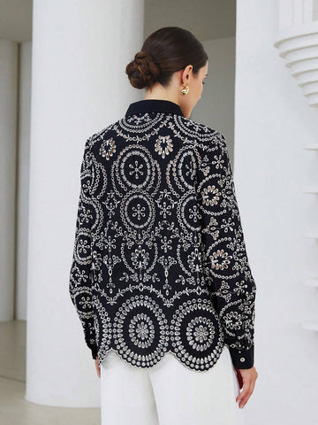 Modichic Vintage Embroidered Eyelet Button Down Long Sleeve Shirt, Spring Autumn