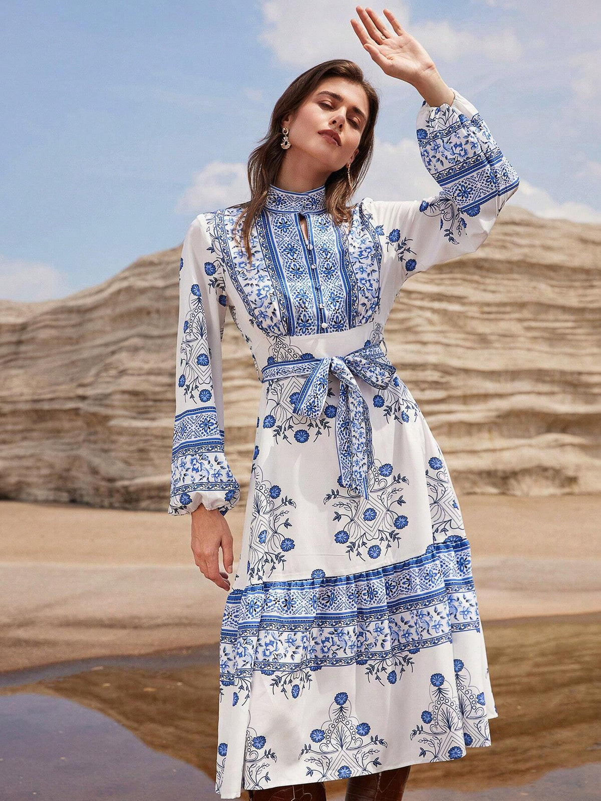 Vintage Print Lantern Sleeve Cinched Waist Single Breasted Long Sleeve Midi Dress