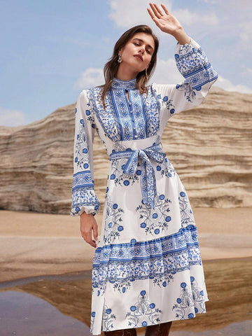 Vintage Print Lantern Sleeve Cinched Waist Single Breasted Long Sleeve Midi Dress