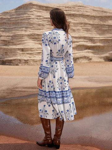 Vintage Print Lantern Sleeve Cinched Waist Single Breasted Long Sleeve Midi Dress