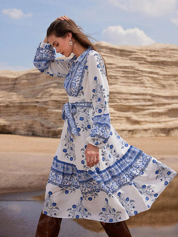 Vintage Print Lantern Sleeve Cinched Waist Single Breasted Long Sleeve Midi Dress