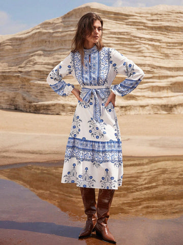 Vintage Print Lantern Sleeve Cinched Waist Single Breasted Long Sleeve Midi Dress