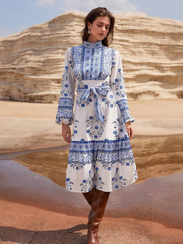 Vintage Print Lantern Sleeve Cinched Waist Single Breasted Long Sleeve Midi Dress