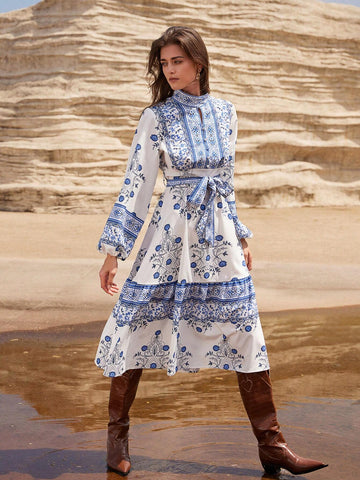 Vintage Print Lantern Sleeve Cinched Waist Single Breasted Long Sleeve Midi Dress