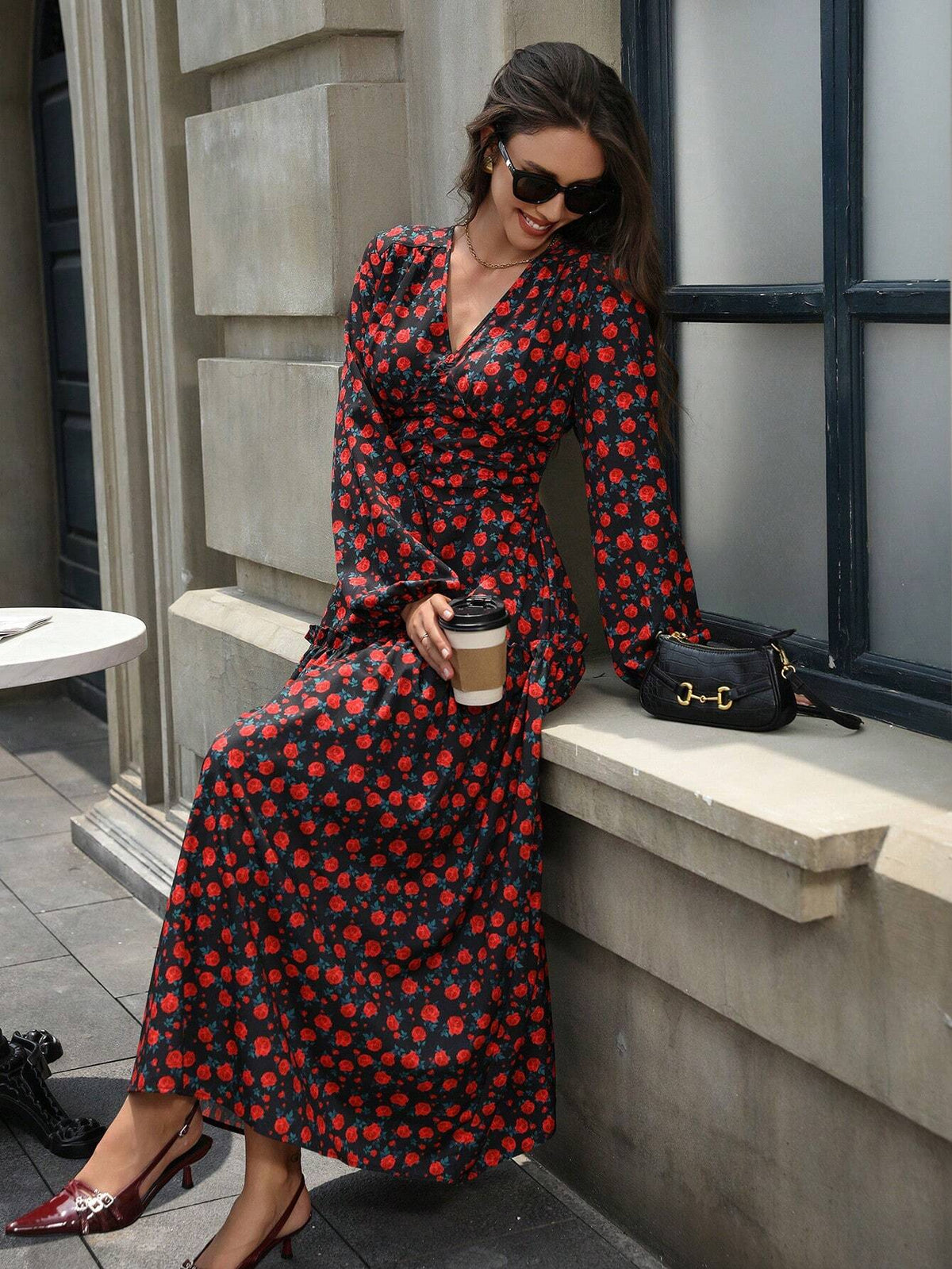 Vintage Rose Print V-Neck Bodycon Waist Long Sleeve Dress For Women, Autumn