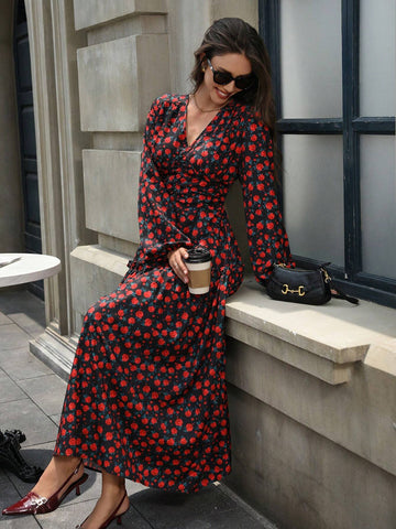 Vintage Rose Print V-Neck Bodycon Waist Long Sleeve Dress For Women, Autumn