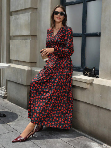 Vintage Rose Print V-Neck Bodycon Waist Long Sleeve Dress For Women, Autumn