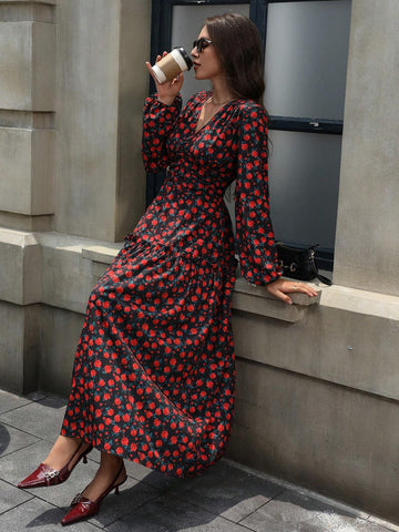 Vintage Rose Print V-Neck Bodycon Waist Long Sleeve Dress For Women, Autumn