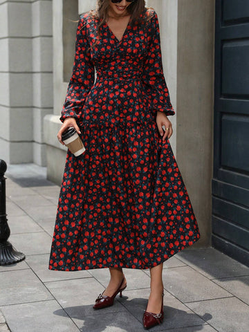 Vintage Rose Print V-Neck Bodycon Waist Long Sleeve Dress For Women, Autumn
