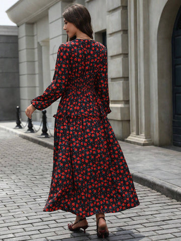 Vintage Rose Print V-Neck Bodycon Waist Long Sleeve Dress For Women, Autumn