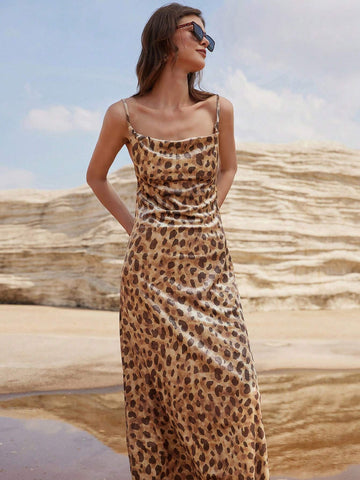 Vintage Sexy Leopard Print Mesh See-Through Spaghetti Strap Bodycon Dress