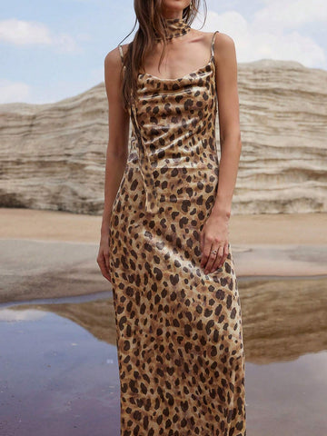 Vintage Sexy Leopard Print Mesh See-Through Spaghetti Strap Bodycon Dress