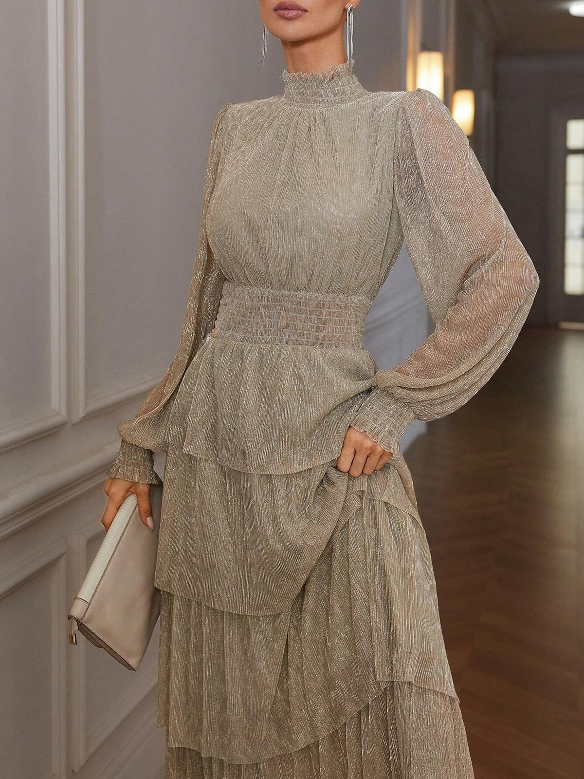 Vintage Style Stand Collar Cinched Waist Slimming Metal Glitter Pleat Layered Cake Skirt Long