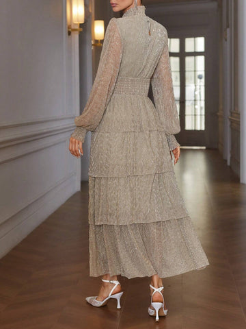 Vintage Style Stand Collar Cinched Waist Slimming Metal Glitter Pleat Layered Cake Skirt Long