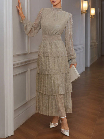 Vintage Style Stand Collar Cinched Waist Slimming Metal Glitter Pleat Layered Cake Skirt Long