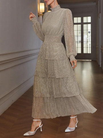 Vintage Style Stand Collar Cinched Waist Slimming Metal Glitter Pleat Layered Cake Skirt Long