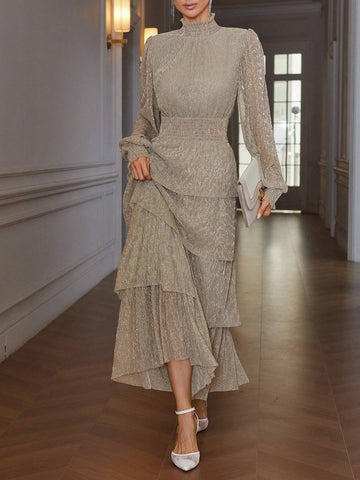 Vintage Style Stand Collar Cinched Waist Slimming Metal Glitter Pleat Layered Cake Skirt Long