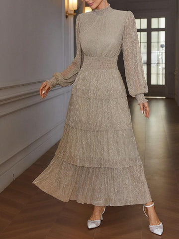 Vintage Style Stand Collar Cinched Waist Slimming Metal Glitter Pleat Layered Cake Skirt Long