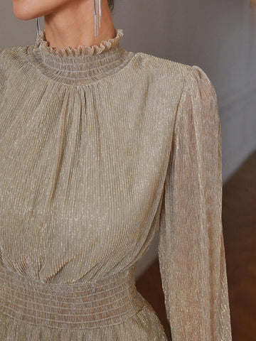 Vintage Style Stand Collar Cinched Waist Slimming Metal Glitter Pleat Layered Cake Skirt Long