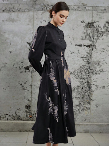 Vintage Wash Print V-Neck Long Sleeve Shirt Dress For Women, Autumn & Winter