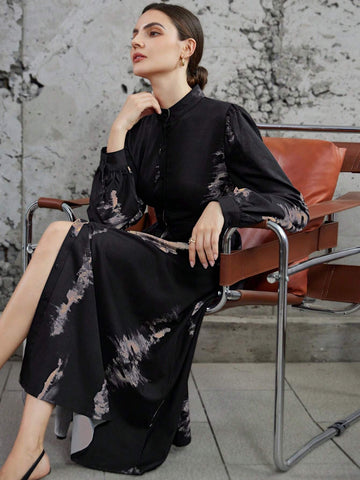 Vintage Wash Print V-Neck Long Sleeve Shirt Dress For Women, Autumn & Winter
