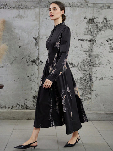 Vintage Wash Print V-Neck Long Sleeve Shirt Dress For Women, Autumn & Winter