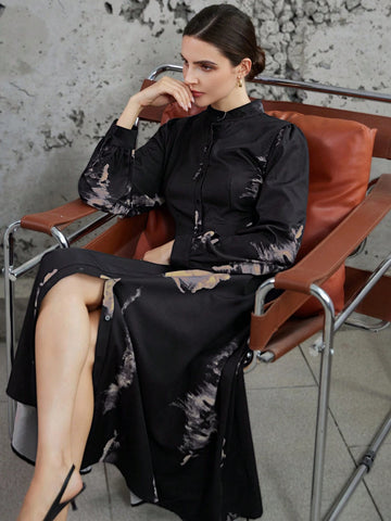 Vintage Wash Print V-Neck Long Sleeve Shirt Dress For Women, Autumn & Winter
