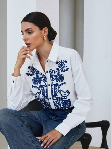 Modichic Women's Autumn Casual Contrast Color Embroidery Long Sleeve Shirt, Blouse